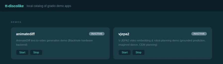 The tt-discolike catalog page: animatediff and vjepa2 as cards, each with an INACTIVE status badge and Start/Stop buttons.