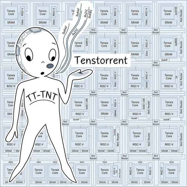 tt-tnt's logo: a hand-drawn figure with TT-TNT lettered on its chest, standing on a grid of Tensix cores, SRAM and NoC routers, beside a hand-lettered "Tenstorrent".