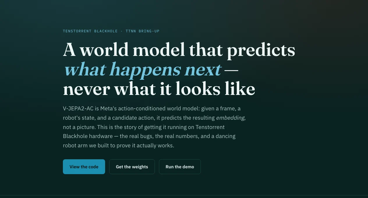 The tt-vjepa2 microsite hero: "A world model that predicts what happens next — never what it looks like", over a dark teal gradient.