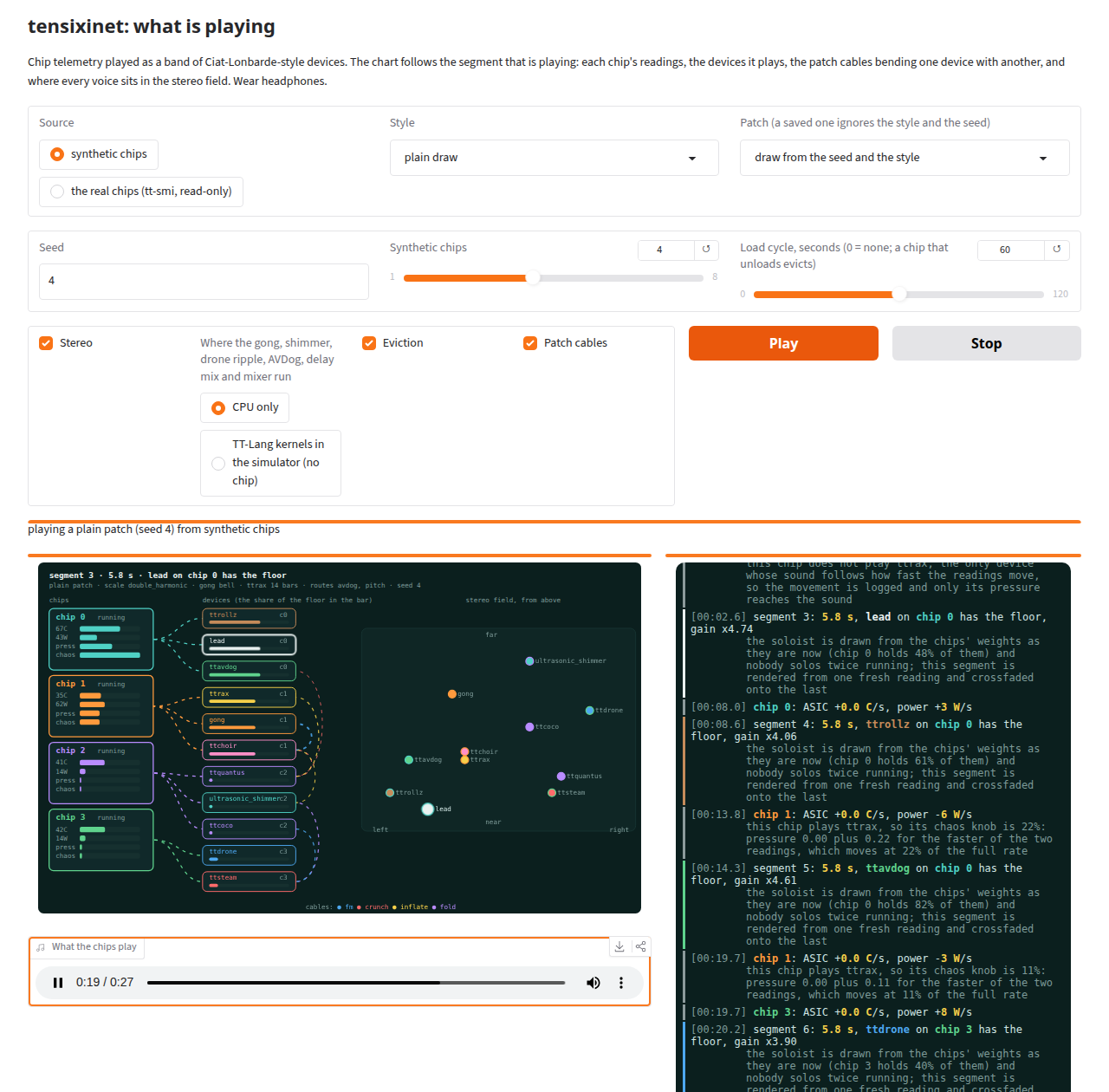 The app: an animated chart of the chips, the devices dealt to them, the patch cables and the stereo field, with the run log beside it