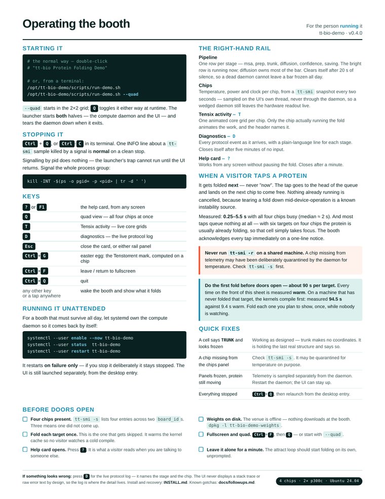 Page two of the handout: how to start and stop the booth, a table of every key binding, an explanation of each panel in the right-hand rail, quick fixes, and a checklist to run before the doors open.