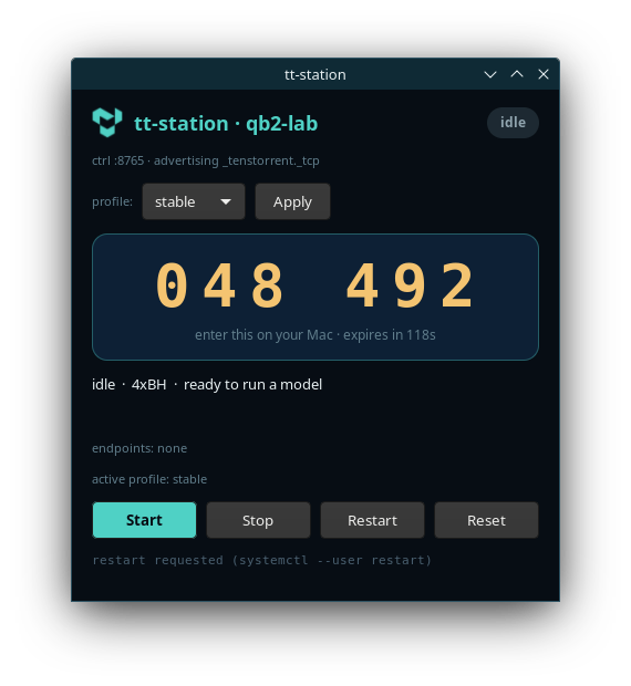 The GTK box panel on the QuietBox's own screen showing a large 6-digit pairing code and start/stop/restart/reset controls
