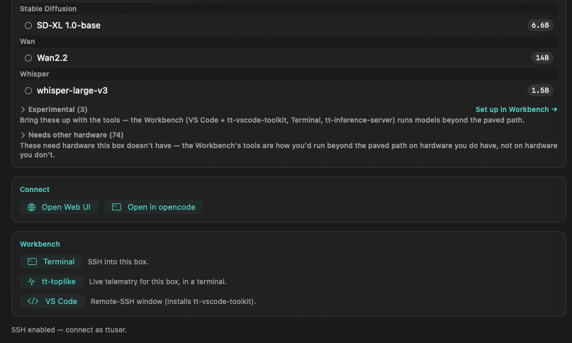 TTStation Connect and Workbench cards: Open WebUI, opencode, Terminal, tt-toplike, and VS Code launchers