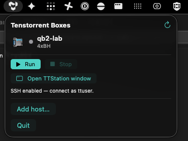 The TTStation macOS menu-bar popover showing qb2-lab with Run / Stop and Open TTStation window actions