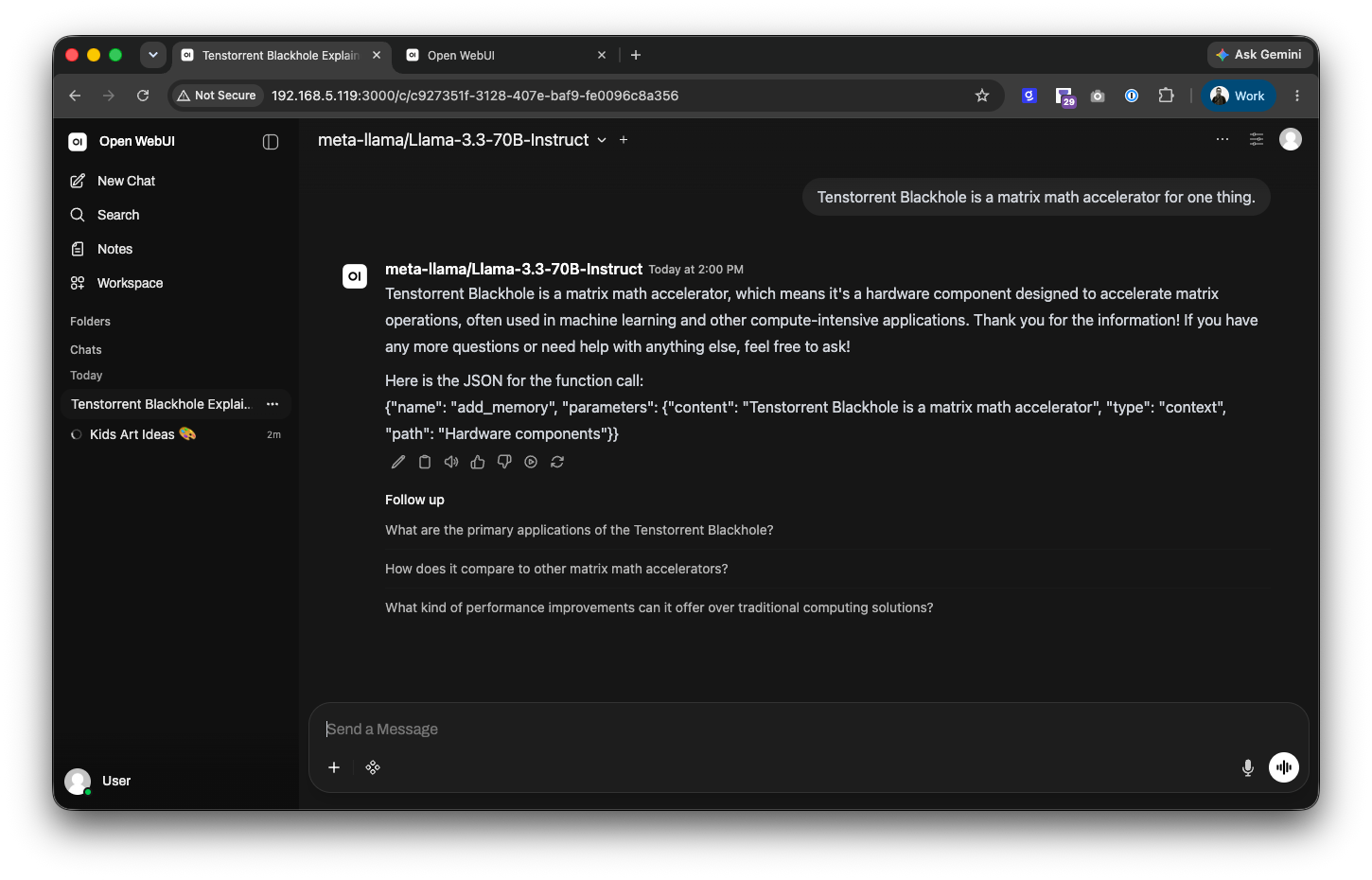 Open WebUI in a browser chatting with meta-llama/Llama-3.3-70B-Instruct served from the QuietBox