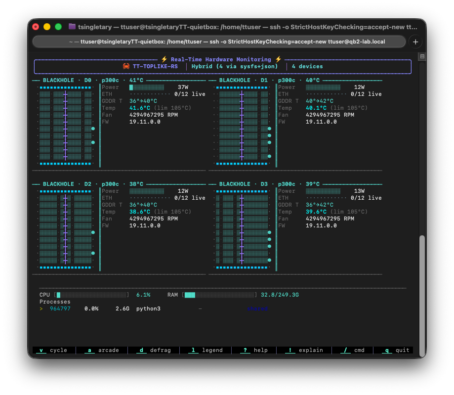 tt-toplike hardware monitor showing four Blackhole devices with per-device temperature, power, and Tensix-core grids