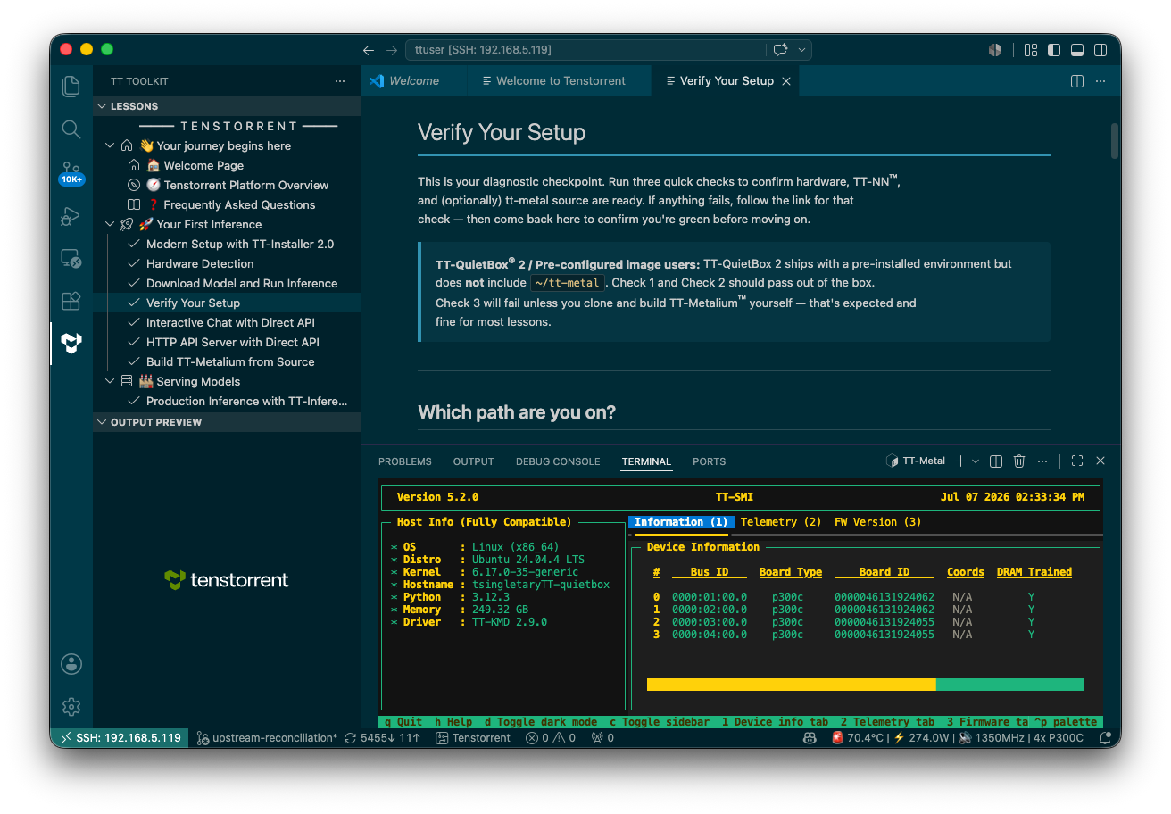 VS Code Remote-SSH into the box with the Tenstorrent toolkit lessons open and tt-smi running in the integrated terminal