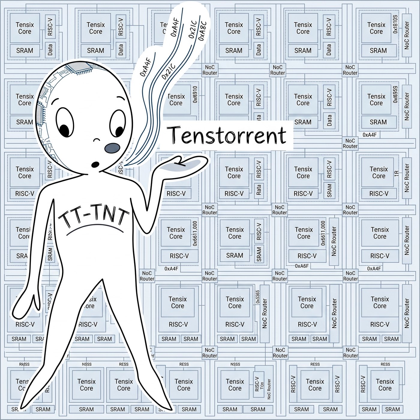 tt-tnt: a hand-drawn figure with TT-TNT written on its chest, standing on a grid of Tensix cores and SRAM.